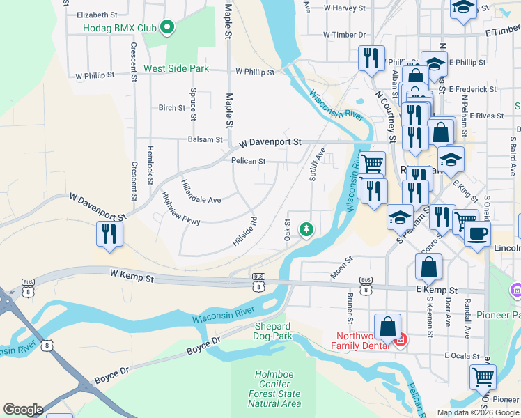 map of restaurants, bars, coffee shops, grocery stores, and more near 323 Hillside Road in Rhinelander