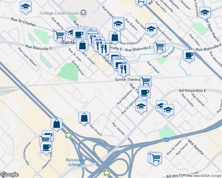 map of restaurants, bars, coffee shops, grocery stores, and more near 26 Rue Labonté in Sainte-Thérèse