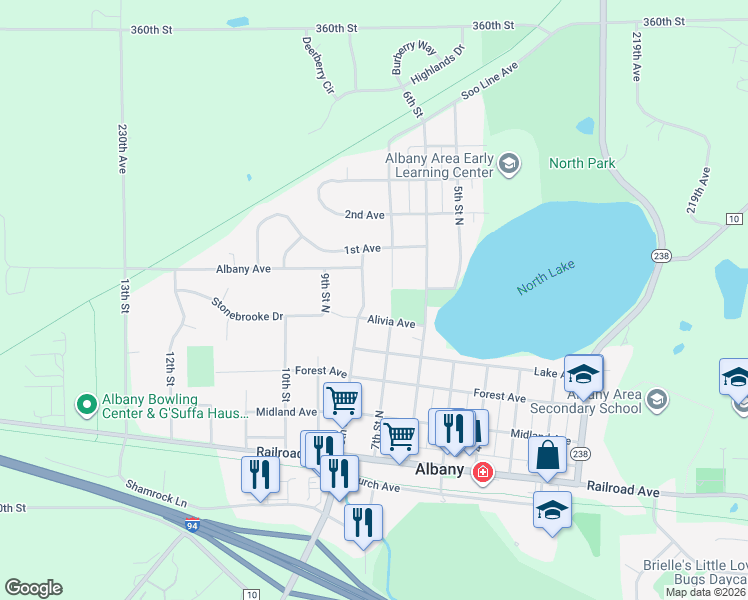 map of restaurants, bars, coffee shops, grocery stores, and more near 501 8th Street in Albany