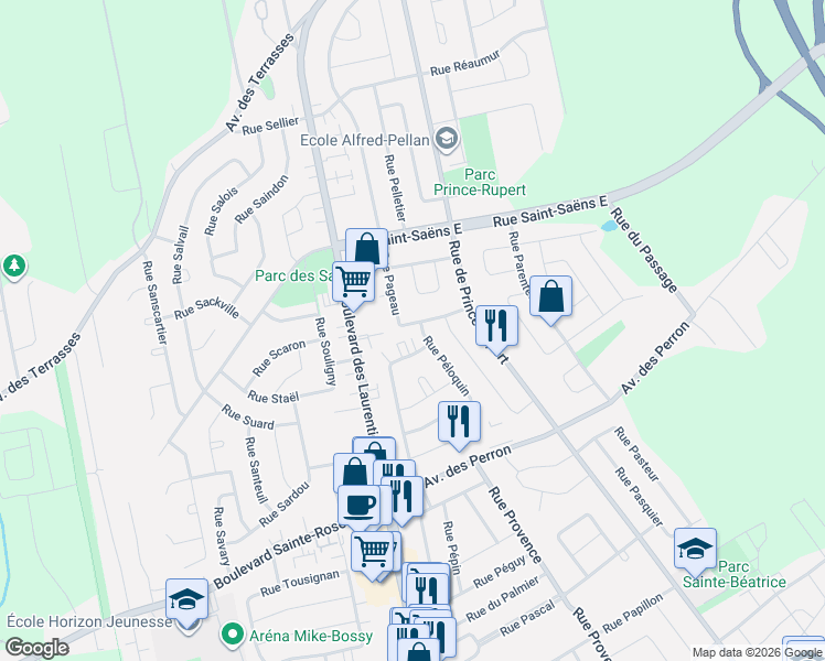 map of restaurants, bars, coffee shops, grocery stores, and more near 6040 Rue Pageau in Laval
