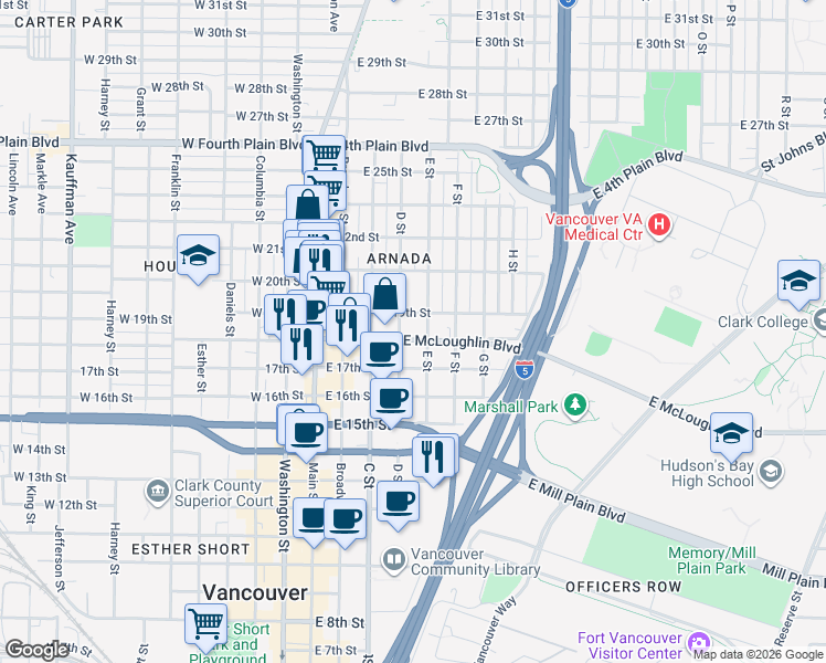 map of restaurants, bars, coffee shops, grocery stores, and more near 501 East McLoughlin Boulevard in Vancouver