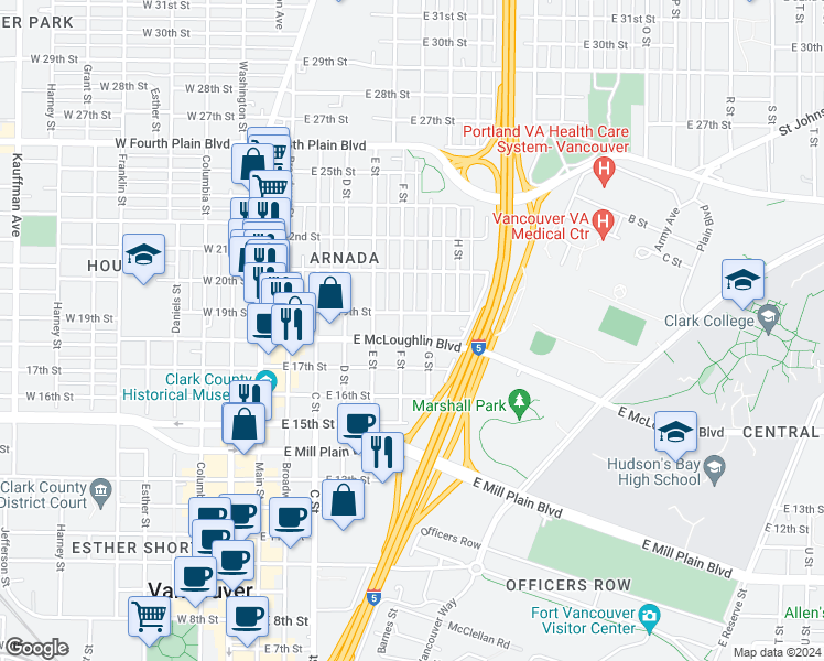 map of restaurants, bars, coffee shops, grocery stores, and more near 605 East McLoughlin Boulevard in Vancouver
