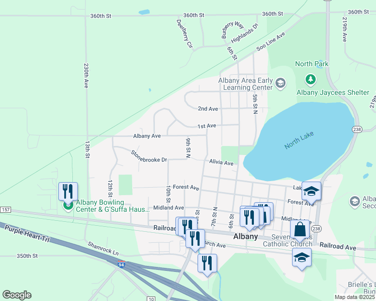 map of restaurants, bars, coffee shops, grocery stores, and more near 900 Stonebrook Drive in Albany