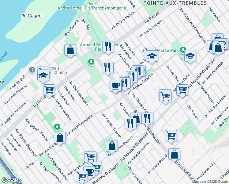 map of restaurants, bars, coffee shops, grocery stores, and more near 12195 Avenue Copernic in Montréal