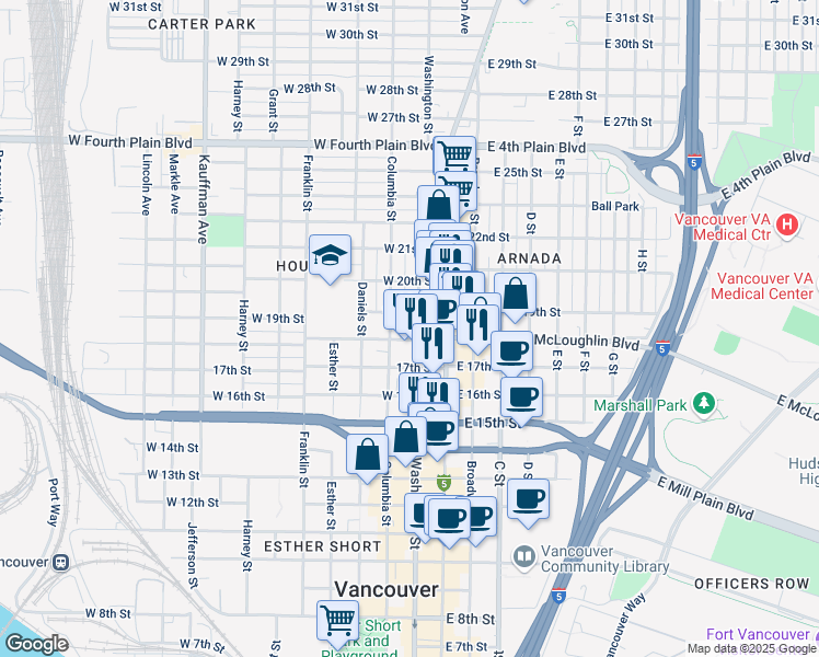 map of restaurants, bars, coffee shops, grocery stores, and more near 1708 Washington Street in Vancouver