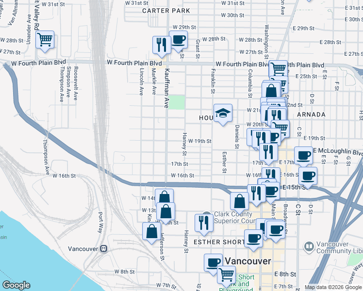 map of restaurants, bars, coffee shops, grocery stores, and more near 1810 Harney Street in Vancouver