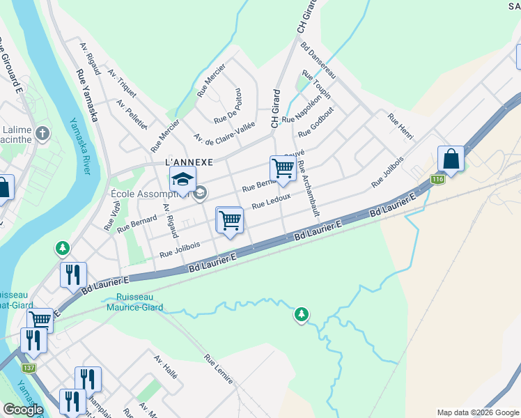 map of restaurants, bars, coffee shops, grocery stores, and more near 2245 Rue Ledoux in Saint-Hyacinthe