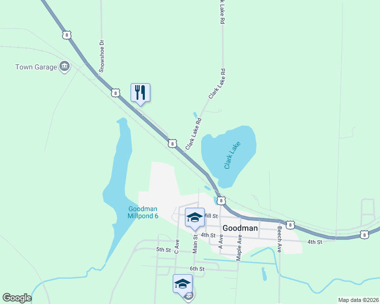 map of restaurants, bars, coffee shops, grocery stores, and more near W15148 U.S. 8 in Goodman