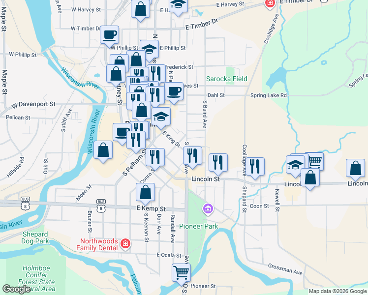 map of restaurants, bars, coffee shops, grocery stores, and more near 304 South Oneida Avenue in Rhinelander