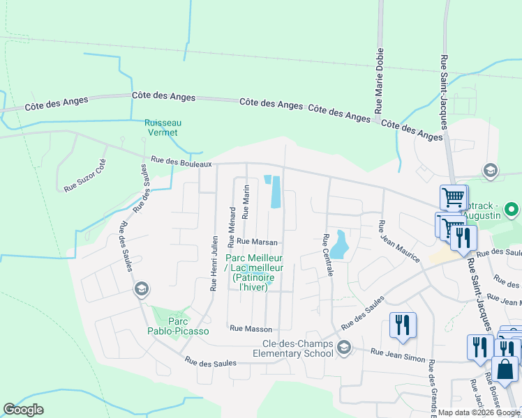 map of restaurants, bars, coffee shops, grocery stores, and more near 8751 Rue Martel in Mirabel