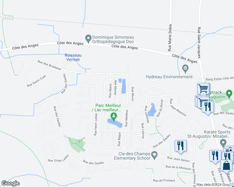map of restaurants, bars, coffee shops, grocery stores, and more near 8751 Rue Martel in Mirabel