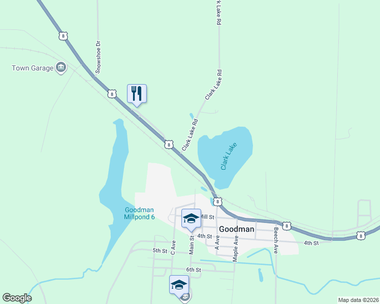 map of restaurants, bars, coffee shops, grocery stores, and more near W15148 U.S. 8 in Goodman