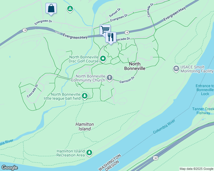map of restaurants, bars, coffee shops, grocery stores, and more near 1112 Wacomac in North Bonneville
