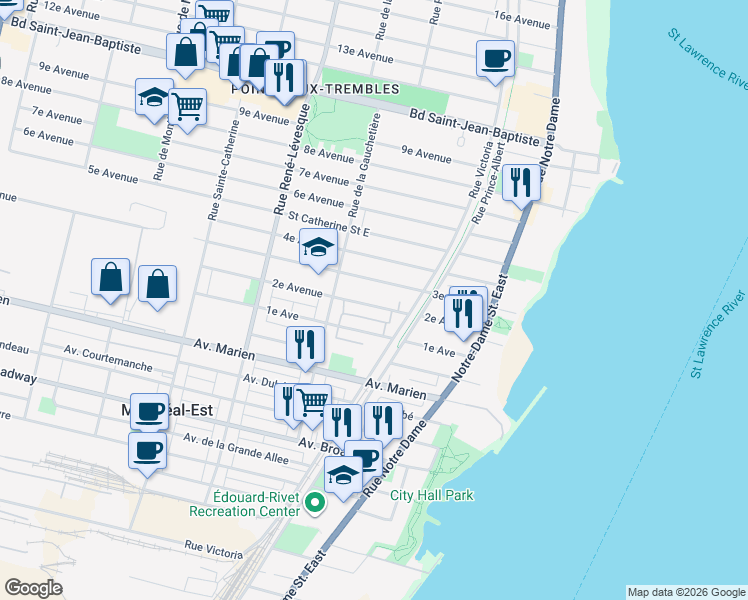 map of restaurants, bars, coffee shops, grocery stores, and more near 757 2e Avenue in Montréal