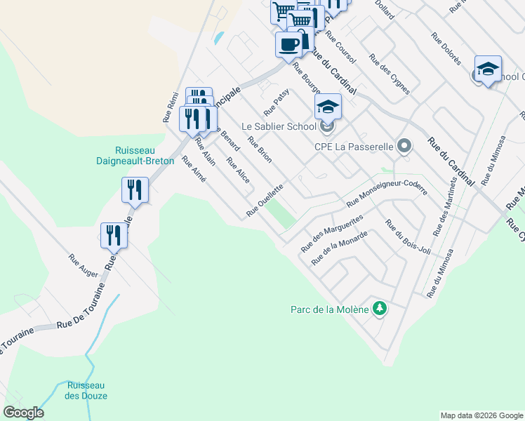 map of restaurants, bars, coffee shops, grocery stores, and more near 326 Rue Ouellette in Saint-Amable