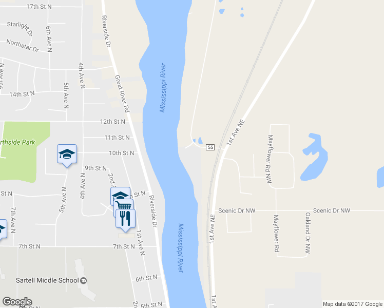 map of restaurants, bars, coffee shops, grocery stores, and more near 4701 Northeast River Road in Sauk Rapids