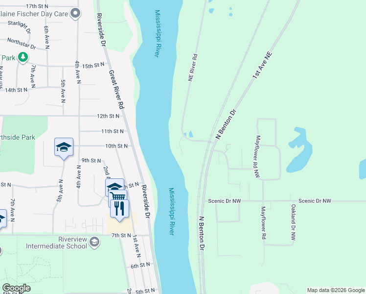 map of restaurants, bars, coffee shops, grocery stores, and more near 4701 Northeast River Road in Sauk Rapids