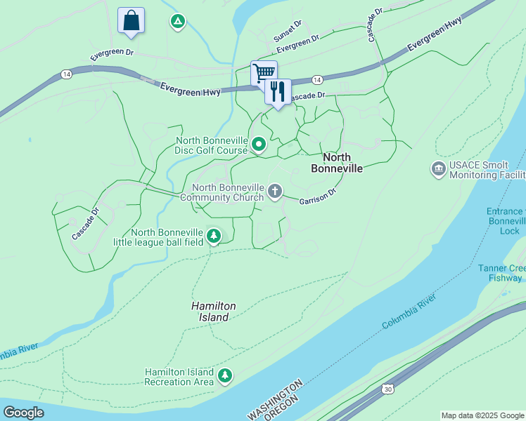 map of restaurants, bars, coffee shops, grocery stores, and more near 1148 Wacomac in North Bonneville