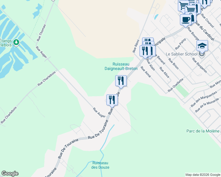 map of restaurants, bars, coffee shops, grocery stores, and more near 125 Rue Principale in Saint-Amable