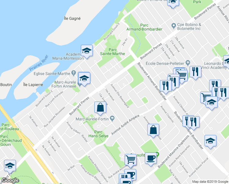map of restaurants, bars, coffee shops, grocery stores, and more near 12358 Avenue Élie Beauregard in Montréal