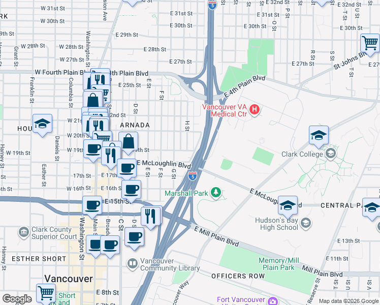 map of restaurants, bars, coffee shops, grocery stores, and more near 1908 H Street in Vancouver