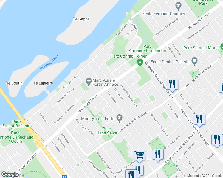map of restaurants, bars, coffee shops, grocery stores, and more near 7720 Place Perras in Montréal