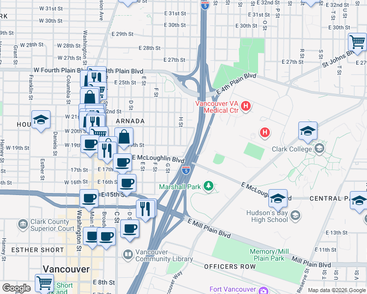 map of restaurants, bars, coffee shops, grocery stores, and more near 1908 H Street in Vancouver