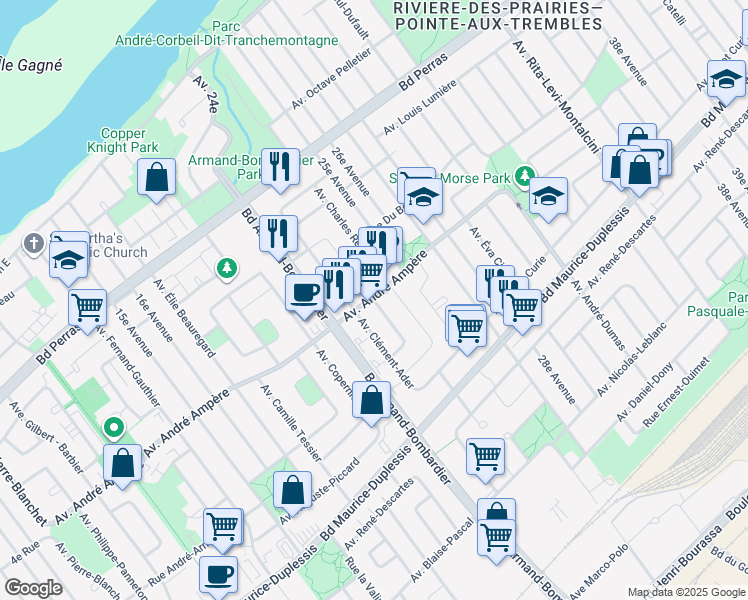 map of restaurants, bars, coffee shops, grocery stores, and more near 8056 Rue Paul de Maurel in Montreal