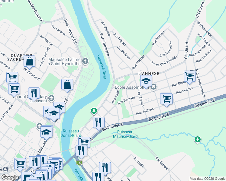 map of restaurants, bars, coffee shops, grocery stores, and more near 12725 Rue Yamaska in Saint-Hyacinthe