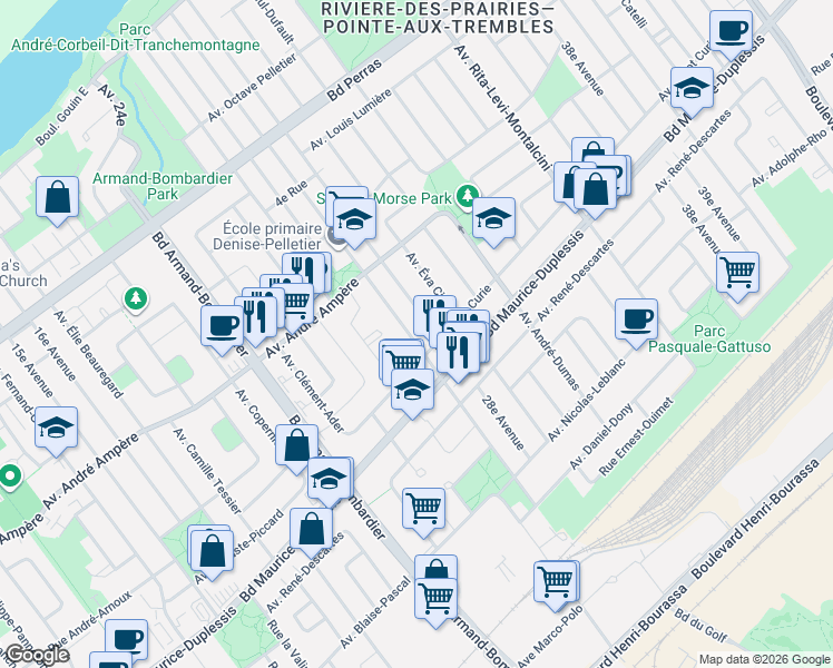 map of restaurants, bars, coffee shops, grocery stores, and more near 12037 27e Avenue in Montréal