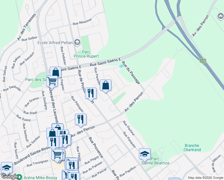 map of restaurants, bars, coffee shops, grocery stores, and more near 6018 Rue Paulin in Laval