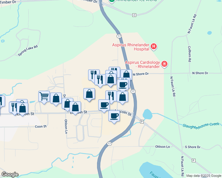 map of restaurants, bars, coffee shops, grocery stores, and more near 2175 Lincoln Street in Rhinelander