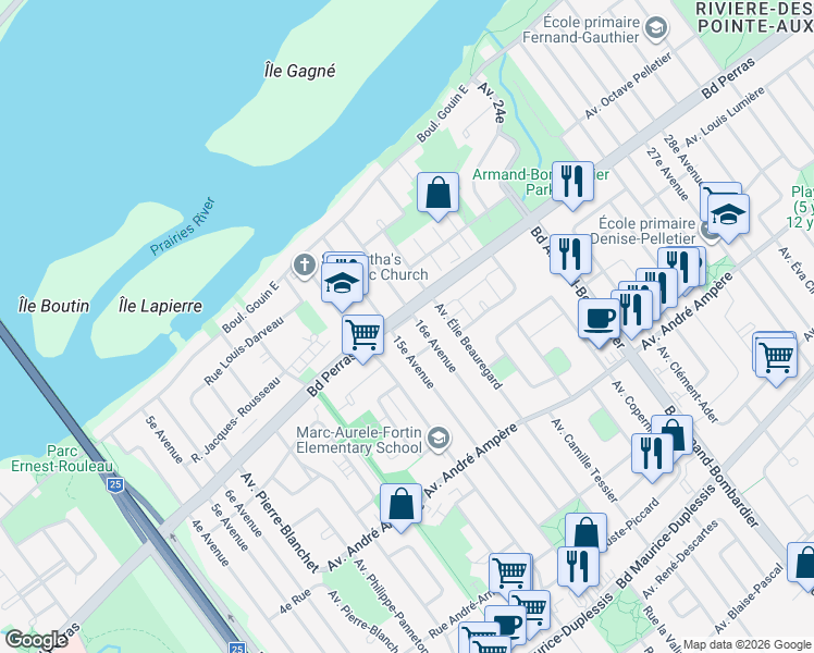 map of restaurants, bars, coffee shops, grocery stores, and more near 7720 Place Perras in Montreal