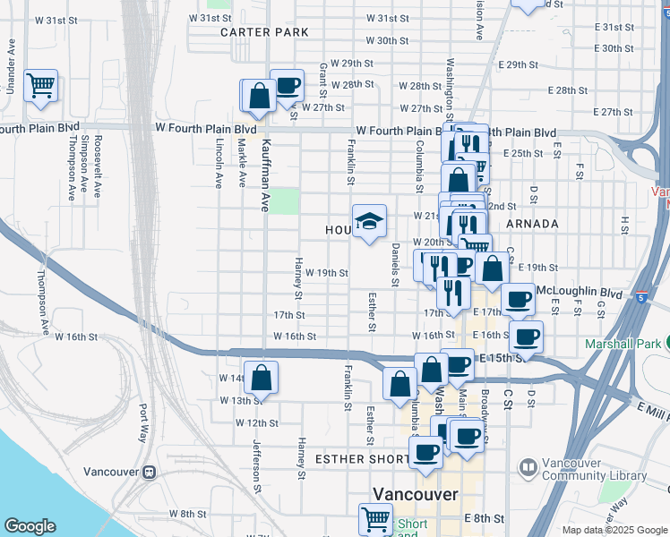 map of restaurants, bars, coffee shops, grocery stores, and more near 1901 Grant St in Vancouver