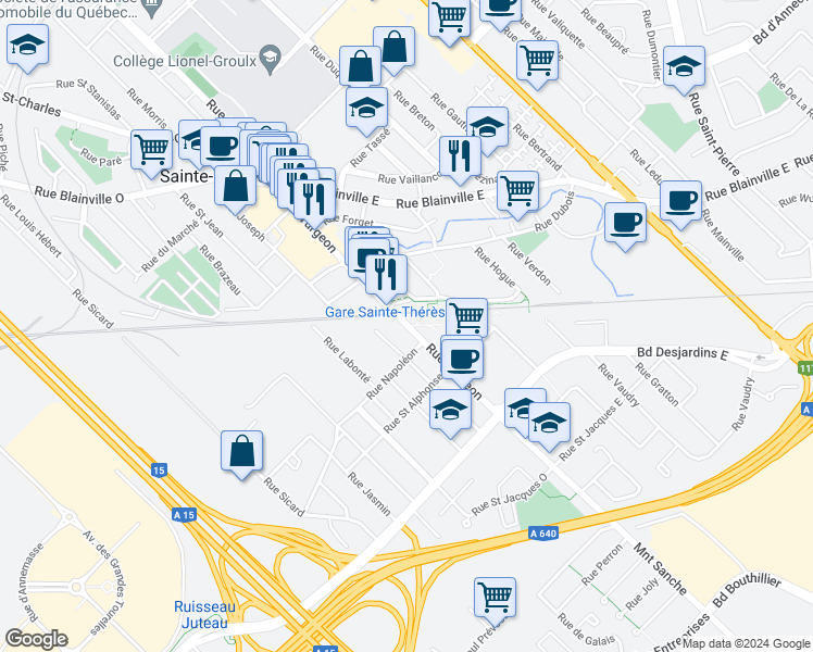 map of restaurants, bars, coffee shops, grocery stores, and more near 119 Rue Turgeon in Sainte-Thã©Rã¨Se