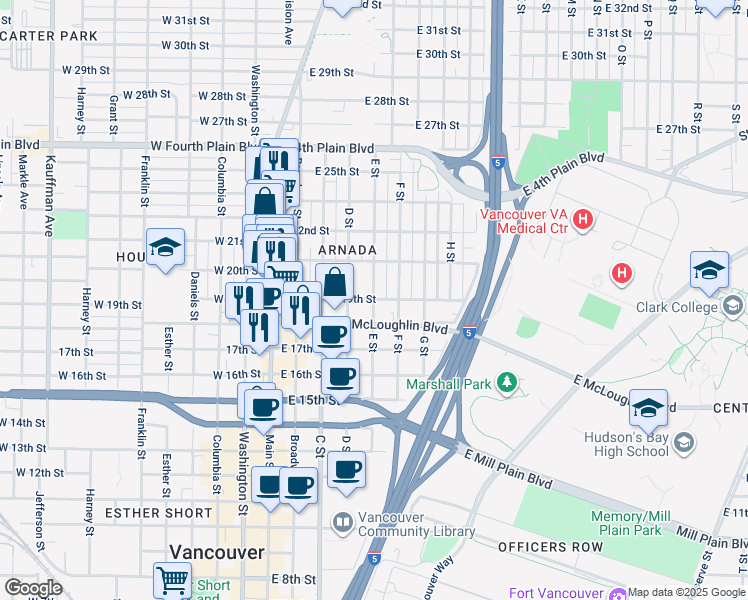 map of restaurants, bars, coffee shops, grocery stores, and more near E Street in Vancouver
