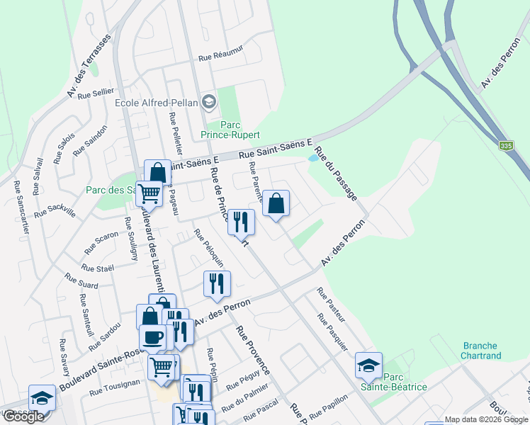 map of restaurants, bars, coffee shops, grocery stores, and more near 5992 Rue Parenteau in Laval