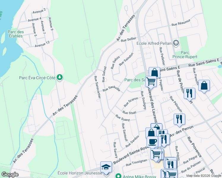 map of restaurants, bars, coffee shops, grocery stores, and more near 260 Rue Sackville in Laval