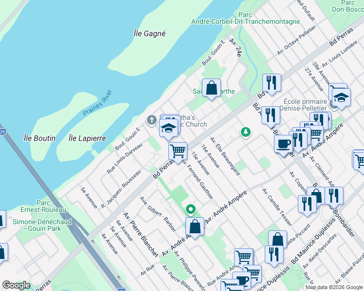 map of restaurants, bars, coffee shops, grocery stores, and more near 7681 Boulevard Perras in Montréal