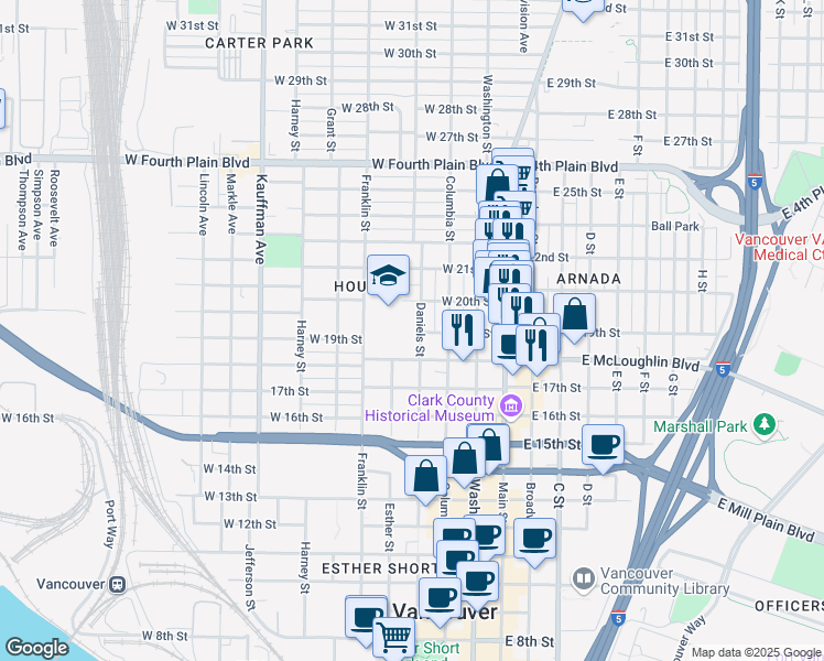 map of restaurants, bars, coffee shops, grocery stores, and more near 1900 Daniels Street in Vancouver