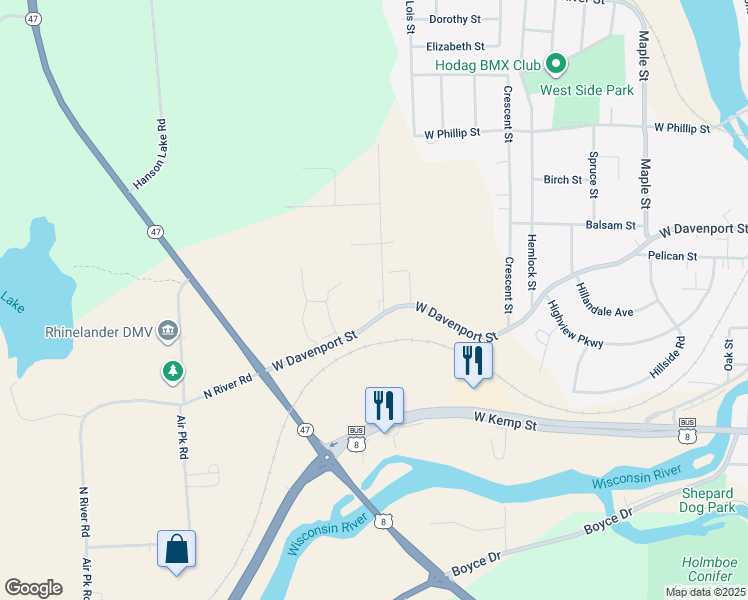 map of restaurants, bars, coffee shops, grocery stores, and more near 125 West Hill Road in Rhinelander