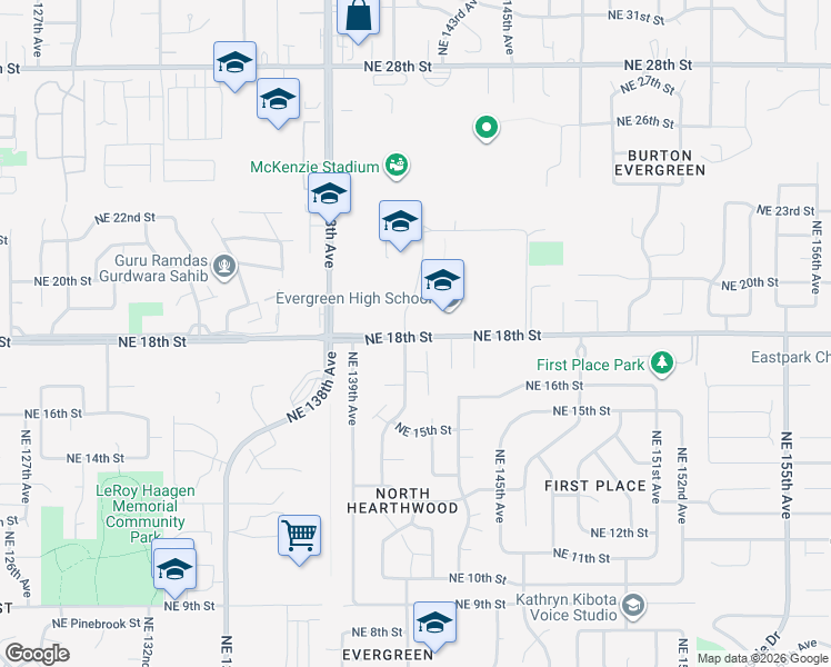 map of restaurants, bars, coffee shops, grocery stores, and more near 14300 Northeast 18th Street in Vancouver