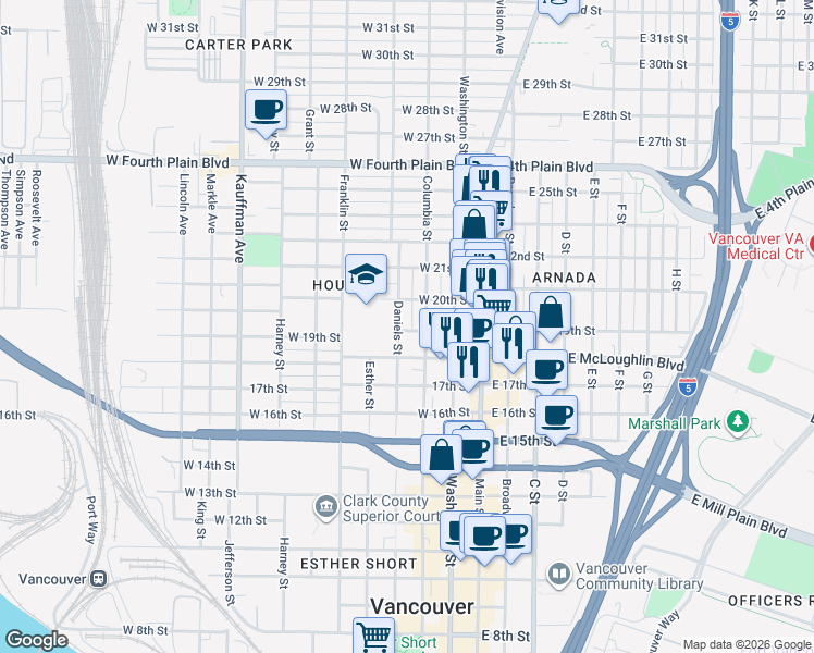 map of restaurants, bars, coffee shops, grocery stores, and more near 1907 Daniels Street in Vancouver