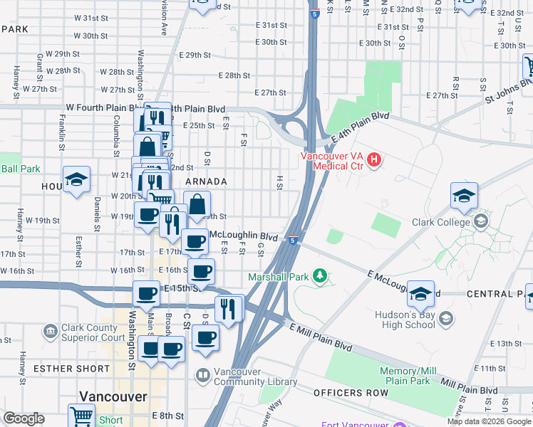 map of restaurants, bars, coffee shops, grocery stores, and more near 1908 H Street in Vancouver