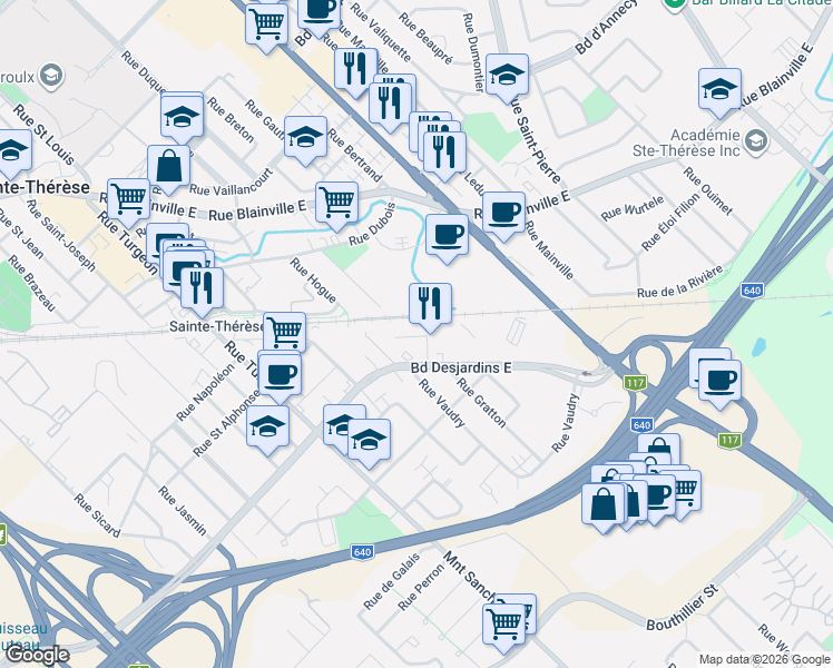 map of restaurants, bars, coffee shops, grocery stores, and more near 100 Rue Lonergan in Sainte-Thérèse