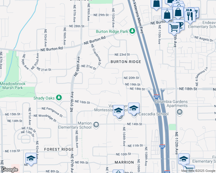 map of restaurants, bars, coffee shops, grocery stores, and more near 10209 Northeast 20th Circle in Vancouver