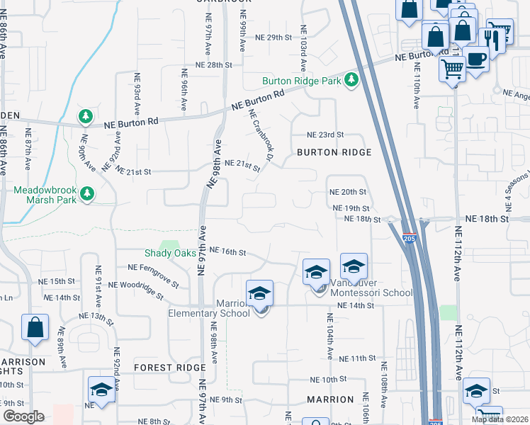 map of restaurants, bars, coffee shops, grocery stores, and more near 10025 Northeast 19th Street in Vancouver