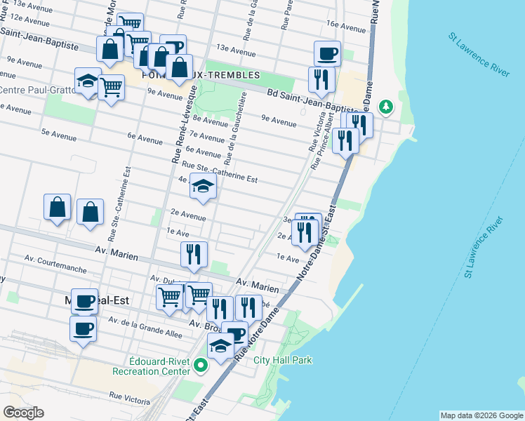 map of restaurants, bars, coffee shops, grocery stores, and more near 733 3e Avenue in Montréal