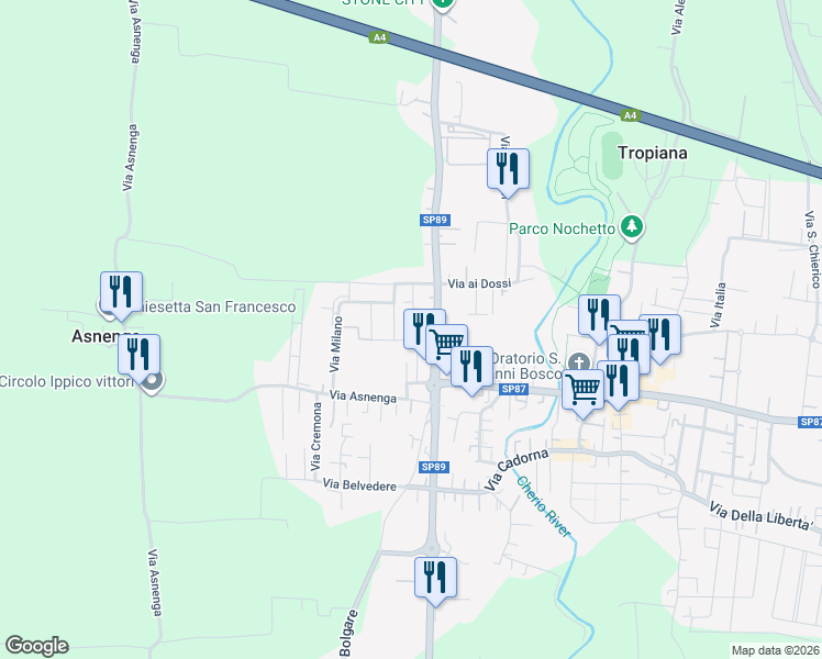 map of restaurants, bars, coffee shops, grocery stores, and more near 3 Via Sondrio in Bolgare