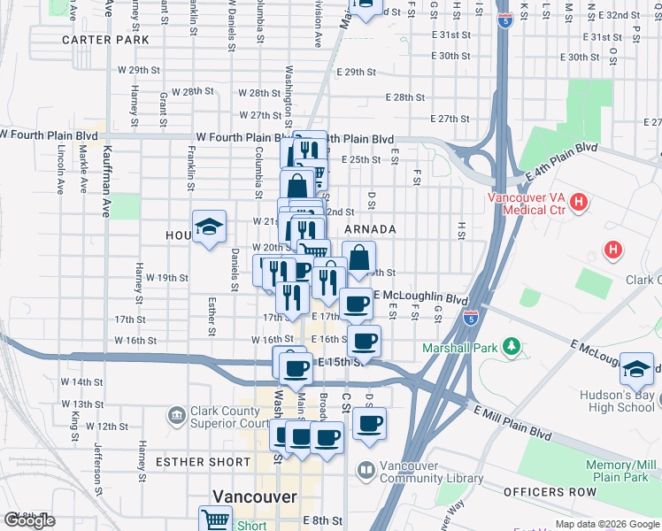 map of restaurants, bars, coffee shops, grocery stores, and more near 1901 Broadway Street in Vancouver